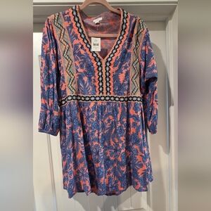 J JILL Bohemian Blue and Coral Tunic Top